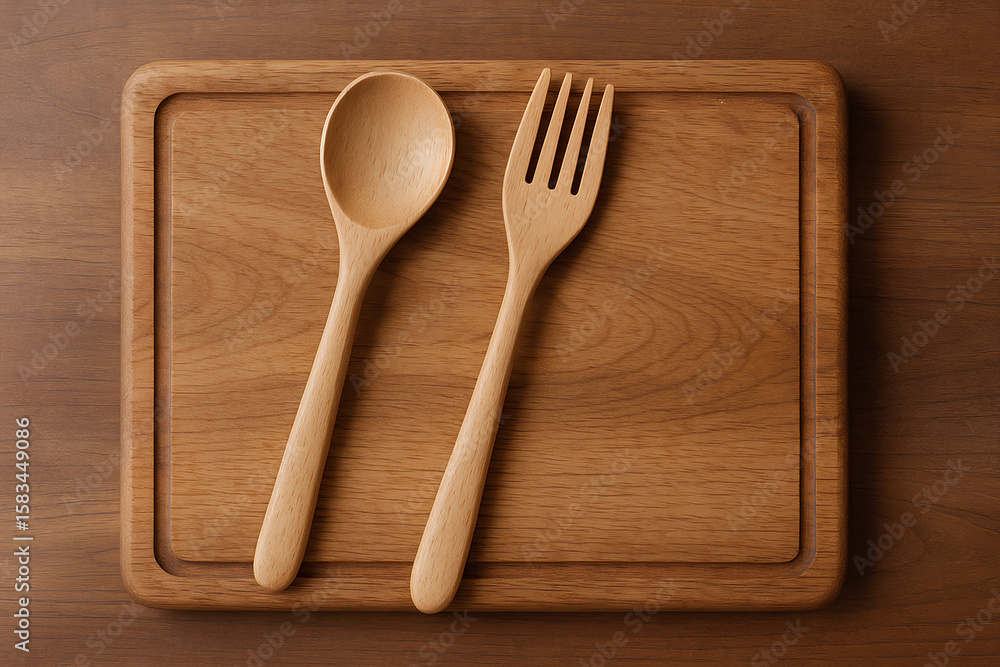 Minimalist Wooden Spoon and Fork Set on Matching Cutting Board Minimalist Wooden Spoon and Fork Set on Matching Cutting Board
