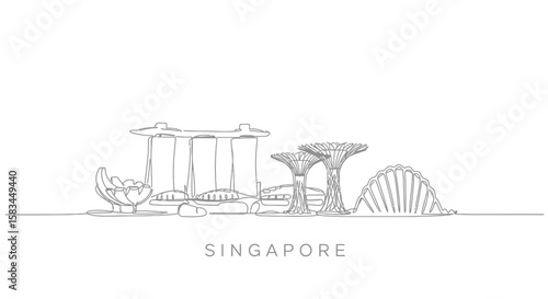 Singapore Skyline Landmark Single Line Drawing.