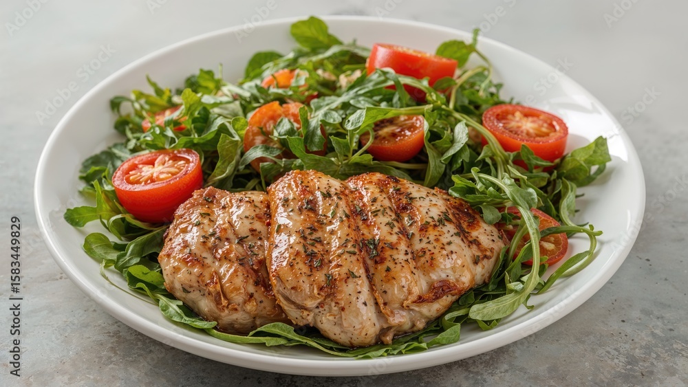 Meat and vegetable salad featuring grilled chicken and arugula Meat and vegetable salad featuring grilled chicken and arugula