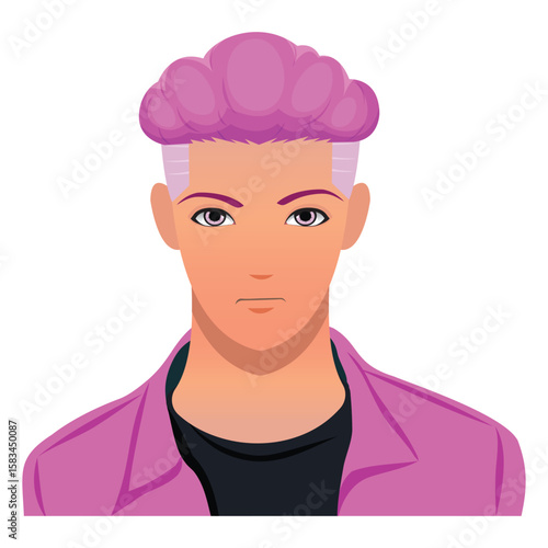 Modern vector avatar of man with bubble purple hairstyle and serious face. Perfect for profile icons, digital portraits, web avatars, fashion design, and creative branding.