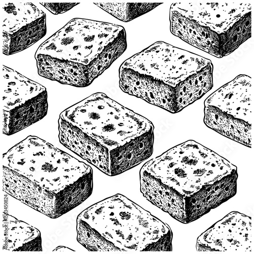 Vintage cleaning sponge detail, engraved art, hand-drawn porous pattern, retro hygiene background, antique etched texture, trendy black sketch, print design illustration, vector illustration.