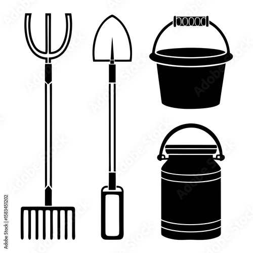 Garden tools and containers rake shovel