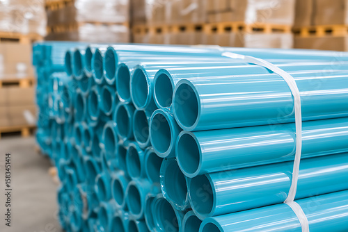 Stack of blue plastic pipes at a storage warehouse. The pipes are bundled together with plastic straps. Background blurred cartons.