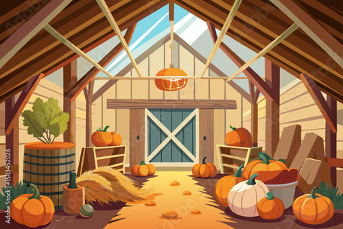 Barn Attic Full Of Pumpkins Hay And Wooden Tools  