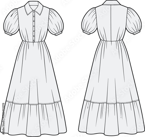 Puff sleeve tiered midi dress flat sketch, button front collar dress cad drawing flat vector illustration for fashion design