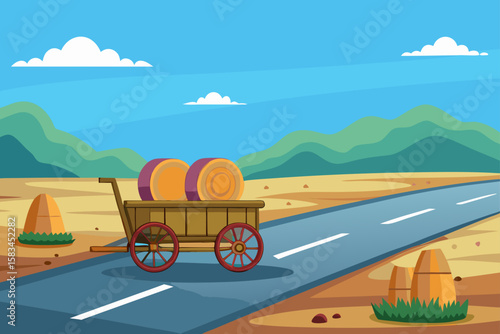 Cartoon Cart With Hay Wheels And Empty Dirt Road  