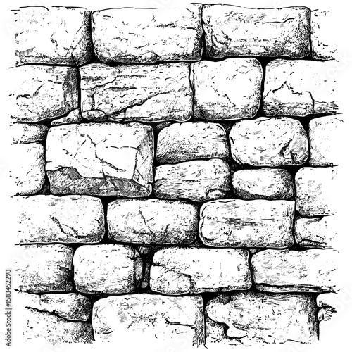 Engraved stone brick wall texture, hand-drawn masonry sketch, vintage construction surface, antique architectural detail, retro rough pattern, engraved art, vector illustration.