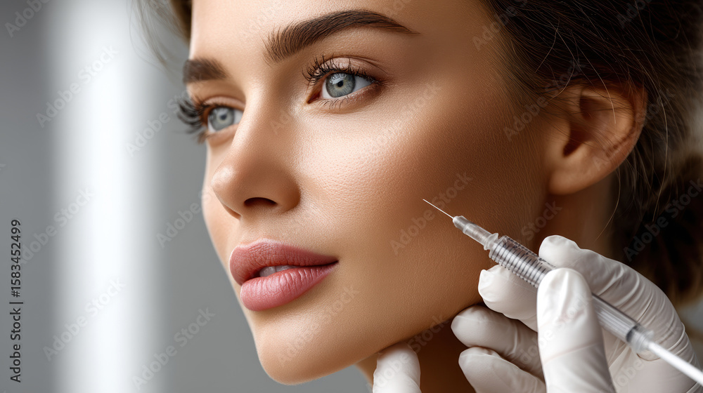 Fototapeta premium Face of beautiful woman receiving cosmetic injection for skin enhancement and youthful appearance, facial aesthetic procedure close-up