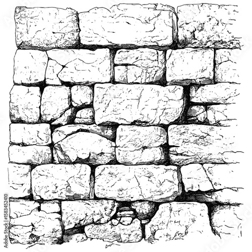 Vintage construction surface, hand-drawn masonry sketch, engraved stone brick wall texture, retro rough pattern, antique architectural detail, textured background, vector illustration.