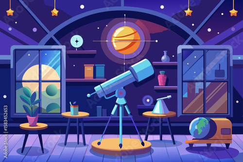 Cartoon Observatory Room With Stargazing Telescope  