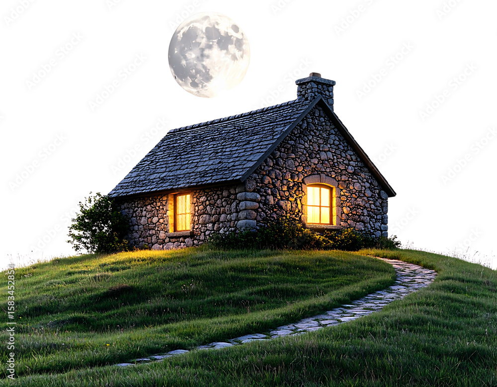 Obraz premium Tiny Stone House on a Hill Under Full Moon Glow, Quiet Night PNG Cutout