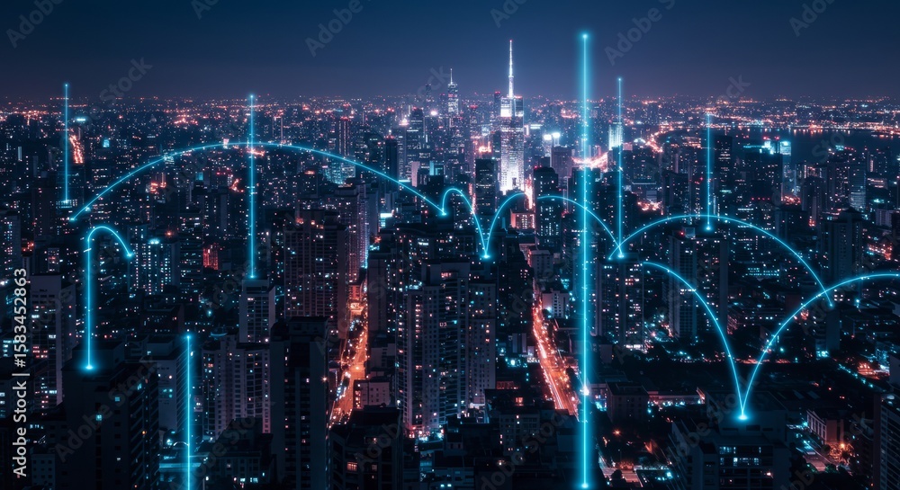 Fototapeta premium Futuristic cityscape with glowing light trails and network