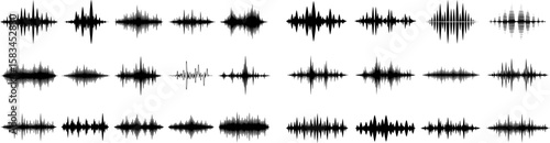 Sound waves sign set, equalizer music waves, musical sound wave beat collection icon, digital and analog line waveforms, frequency audio waveform, electronic signal, voice recording - vector 