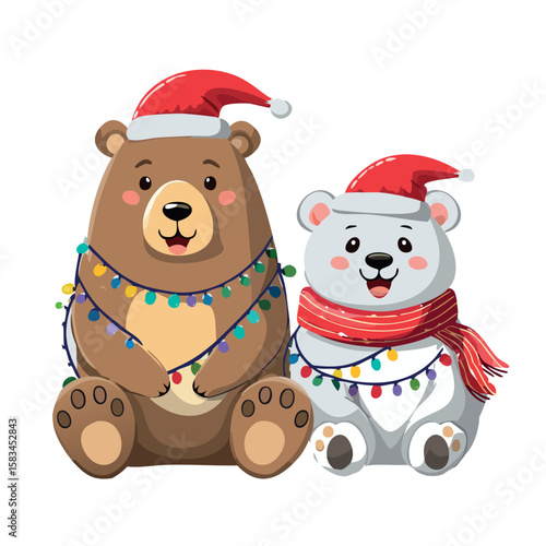 a simple clip art style image of a grizzly bear and a polar bear sitting next to eachother. Both of them are wrapped in christmas lights and are wearing christmas hats