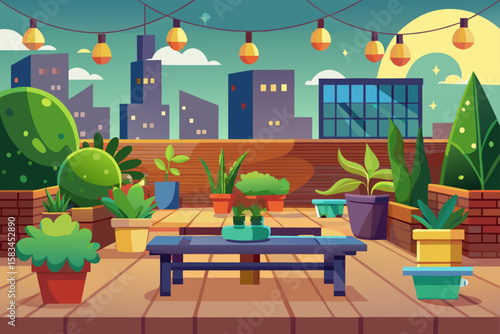 Cartoon Rooftop Garden With Potted Plants And Lights  
