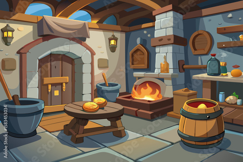 Cartoon Style Medieval Kitchen With Cauldron Bread And Table  