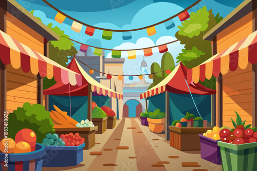 Cartoon Style Market Alley With Fruit Stalls Hanging Cloth  