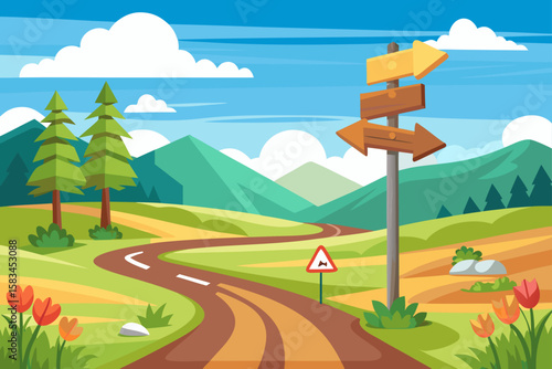 Cartoon Style Road Sign With Arrows At Rural Crossroad  