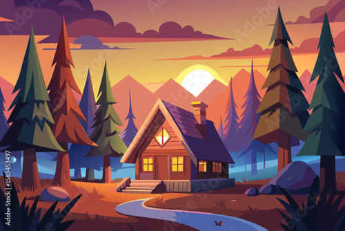 Cozy Cartoon Forest Cabin During Sunset Time  
