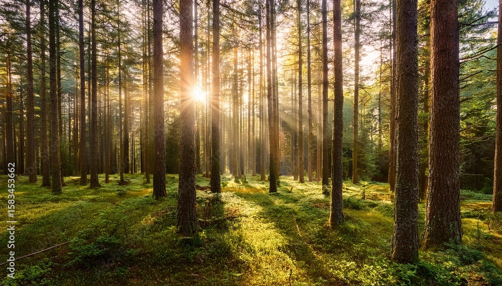 Fototapeta premium sunlight streams through a dense pine forest at dawn