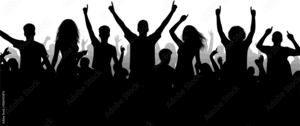 Naklejka premium Crowd of people silhouette, happy young group party people together, cheering crowd on concert or sport event, cheerful fans 