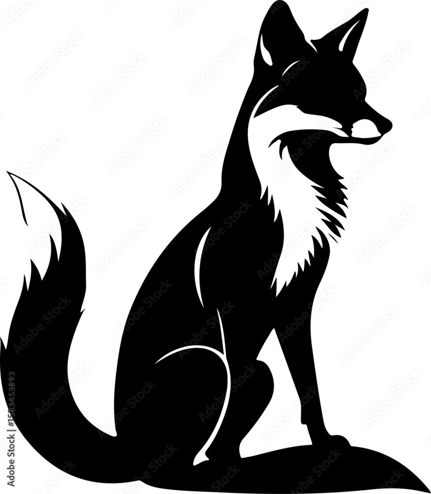 Obraz premium A sleek and elegant black silhouette of a sitting fox with a prominent bushy tail and a contrasting white chest, embodying wilderness and cunning, perfect for animal-themed designs and logos.