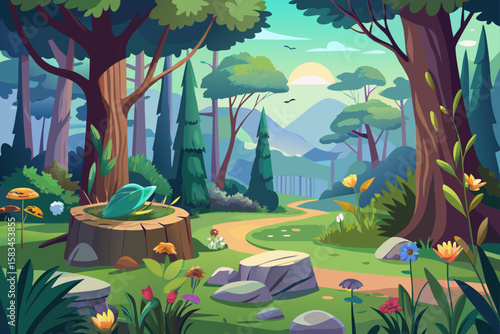 Forest Glade With Wildflowers Tree Stumps And Birds  