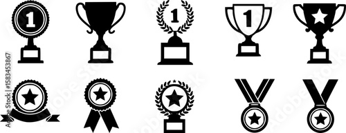 Set of winning award and prize icons, trophy reward, victory trophy signs depicting an award, victory cup achievement, winner medal - stock vector
