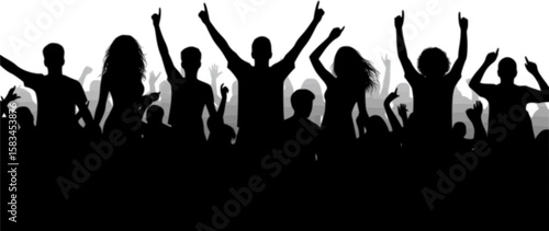 Crowd of people silhouette, happy young group party people together, cheering crowd on concert or sport event, cheerful fans
