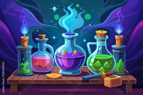 Magic Potion Bottles On Table With Smoke And Glow  