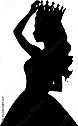 A regal silhouette of a queen or princess adjusting her crown, featuring flowing hair and a grand gown, perfect for themes of royalty, beauty pageants, fairy tales, and elegant branding.