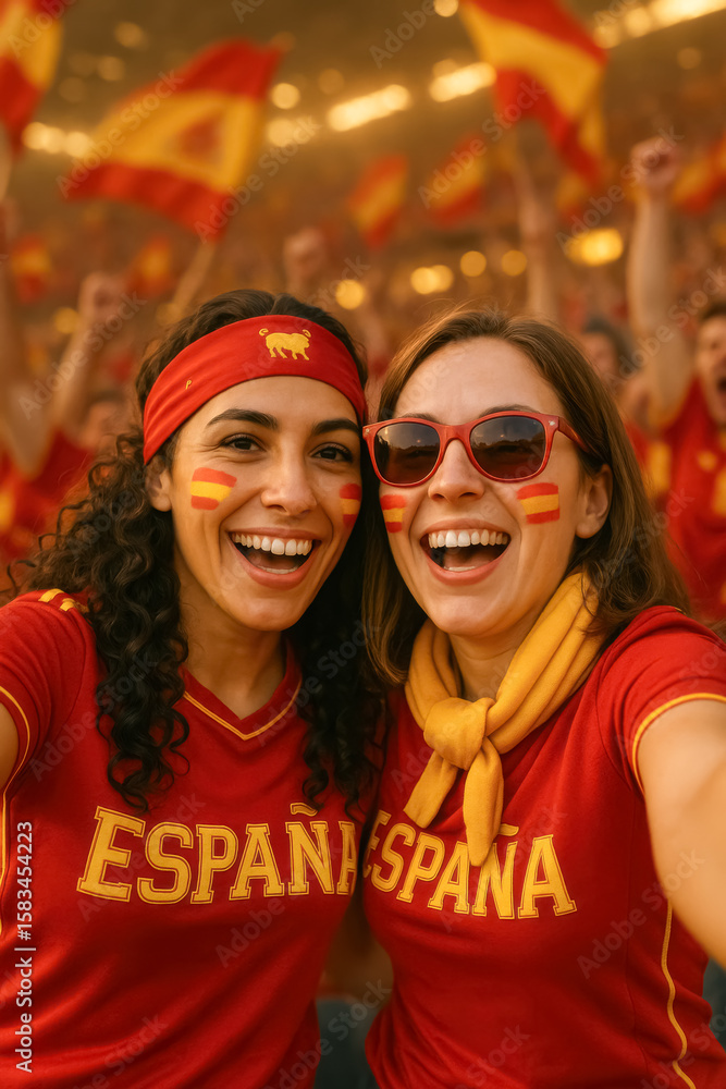 Fototapeta premium Excited Spain Fans in Red with Flag Face Paint