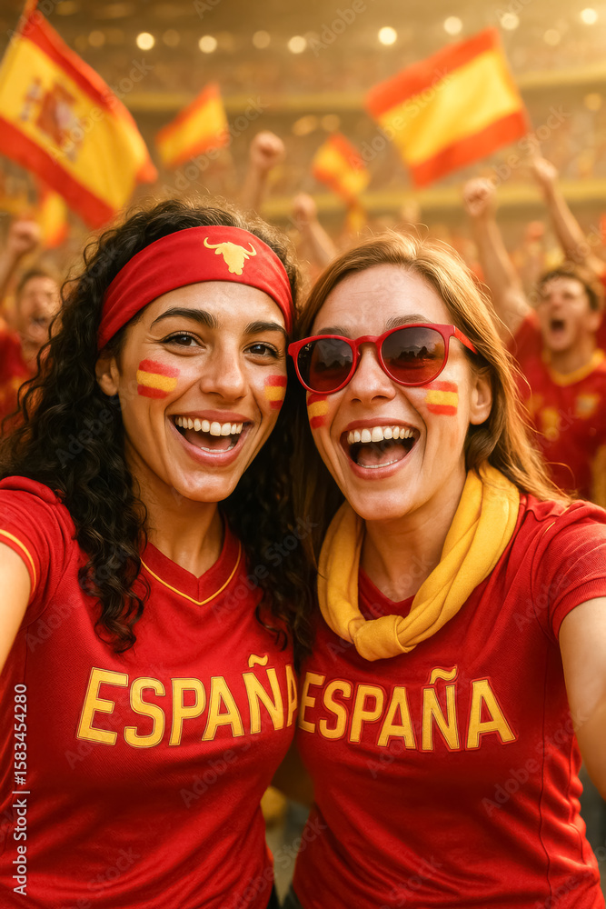Fototapeta premium Excited Spain Fans in Red with Flag Face Paint