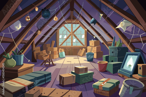 Old Attic Filled With Dusty Furniture Boxes And Lamp  