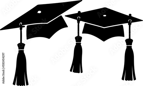 Two classic graduation cap silhouettes with prominent tassels, symbolizing academic achievement and success, perfect for celebratory designs, educational themes, and commencement invitations.