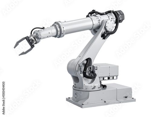 A modern industrial robotic arm with multiple joints, isolated on a white background.
