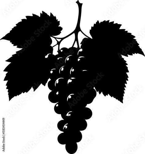 A classic silhouette of a grape cluster with two broad leaves and a stem, representing viticulture and natural bounty, ideal for winery logos, food-related designs, or agricultural themes.