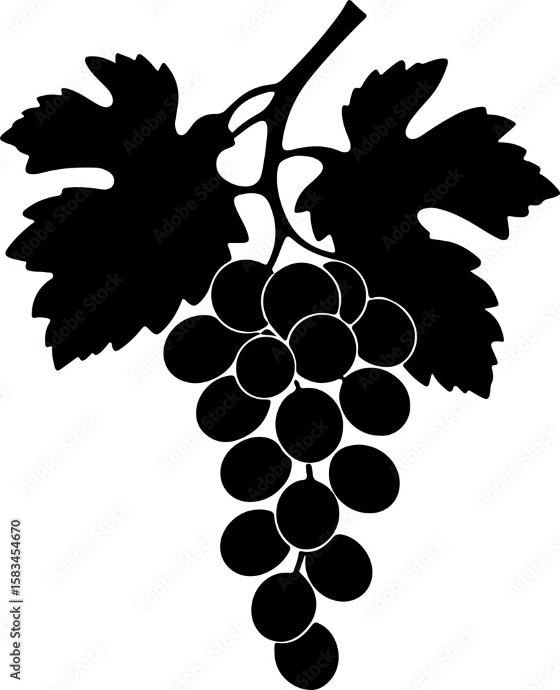 Fototapeta premium A classic silhouette of a grape cluster with two broad leaves and a stem, representing viticulture and natural bounty, ideal for winery logos, food-related designs, or agricultural themes.