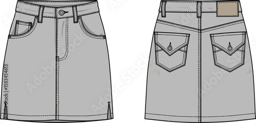 Denim mini skirt with cargo pockets technical fashion flat sketch. Front and back view vector design for apparel manufacturing and tech packs.