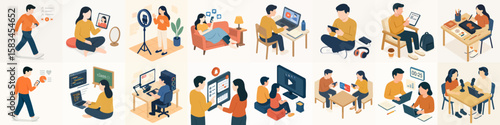 Flat Isometric People Working Remotely with Gadget Lifestyle and Online Activity