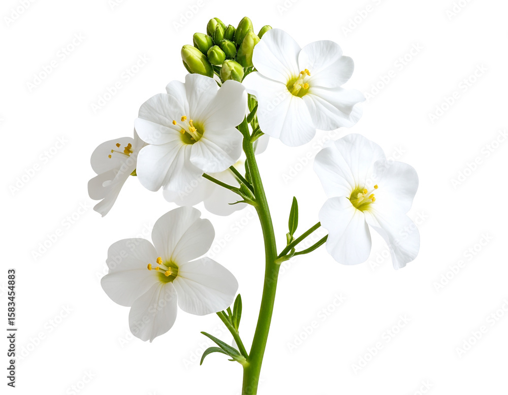 Obraz premium Single White Wallflower Stem with Open Blooms and Buds, Transparent PNG”