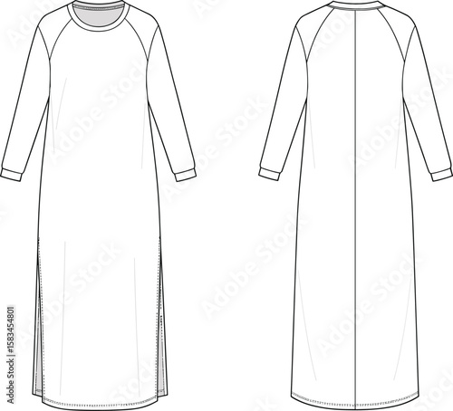 Long sleeve raglan sweatshirt dress technical fashion flat sketch. Modest casual knit dress with side slits, front and back views template.