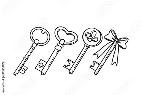 A line of four antique skeleton keys with ornate bow details and simple bits silhouette isolated on white background