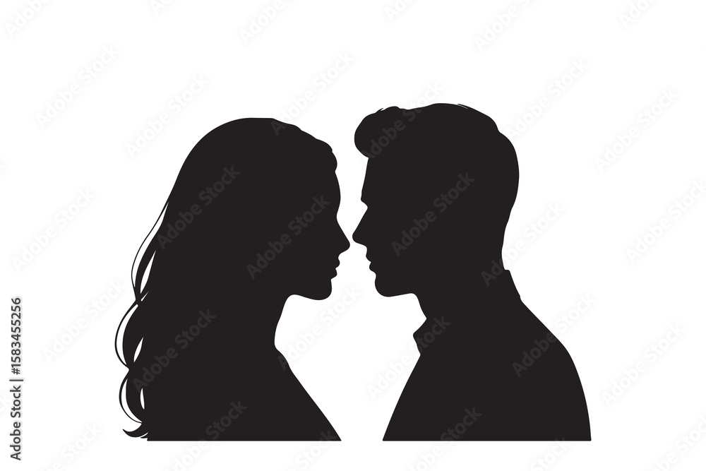 Fototapeta premium Romantic couple facing each other in silhouette profile view isolated on white background