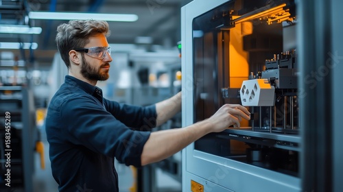 Technician skillfully maintaining a large-scale 3D printer in a factory, showcasing the intricate industrial process of modern manufacturing.