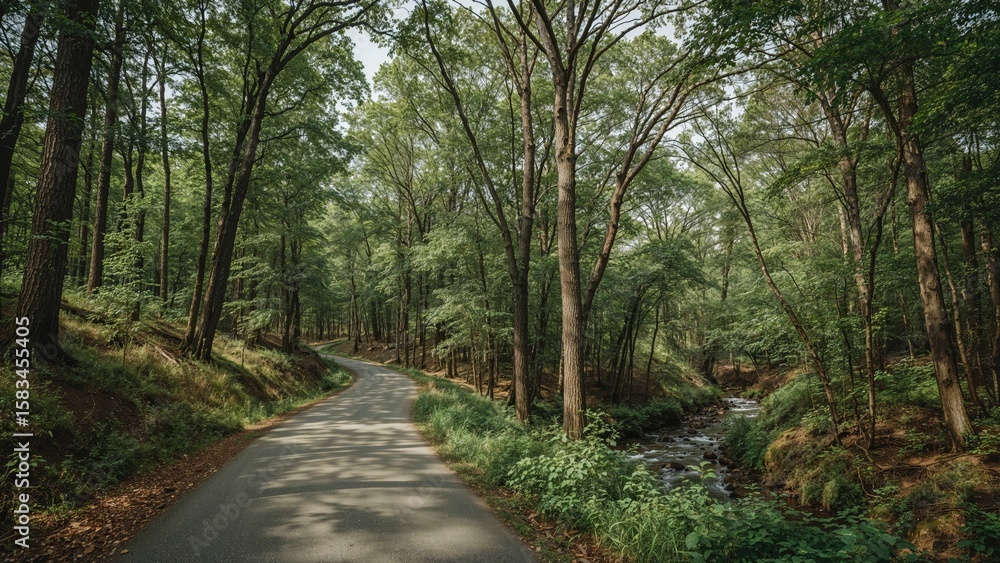 Naklejka premium A lone road cutting through a thick forest with tall tree trunks