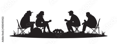 Four friends gathered around a campfire enjoying drinks and conversation in a silhouette style isolated on white background