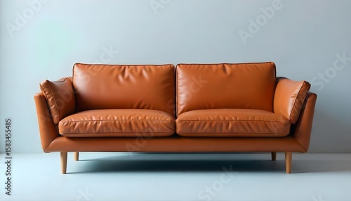 Warm brown leather sofa with a light blue background, highlighting its inviting design.