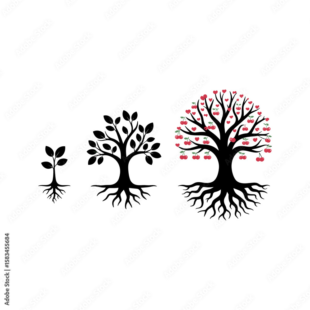Obraz premium Tree of Life: A symbolic representation of life's journey, depicting the stages of growth from a tiny seed to a majestic, fruit-bearing tree, rooted in resilience and vitality.