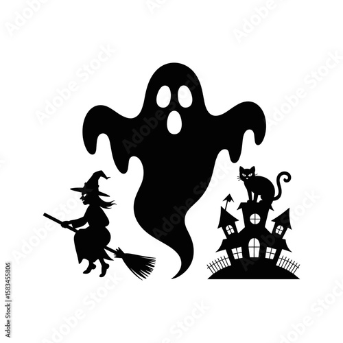 Spooky Halloween Silhouette: A captivating silhouette showcases a whimsical Halloween scene, featuring a spectral ghost, a spellcasting witch on a broom, a mischievous black cat.